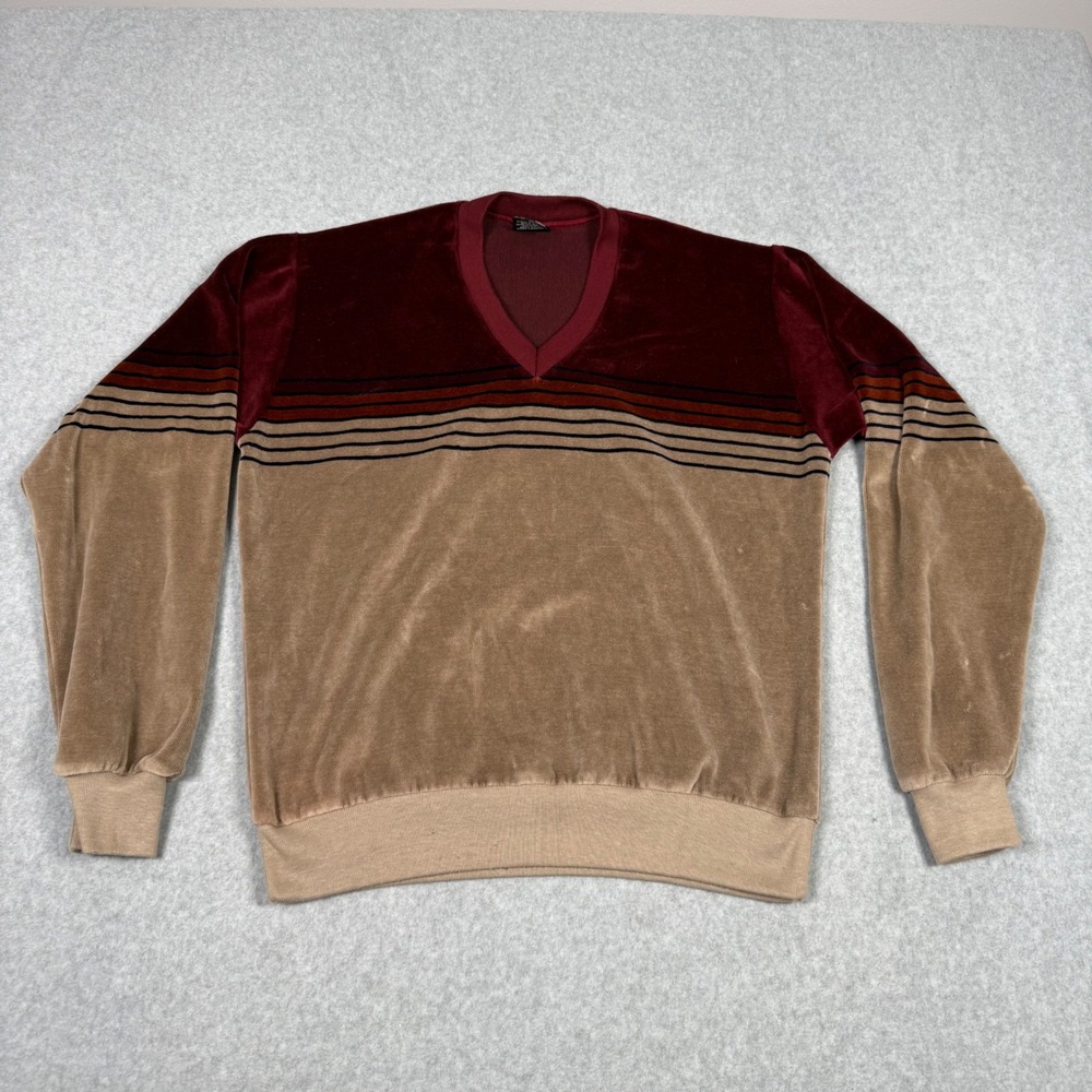 Vintage 70s Campus Velour V-Neck Sweater Mens Large Burgundy Tan USA Grandpacore